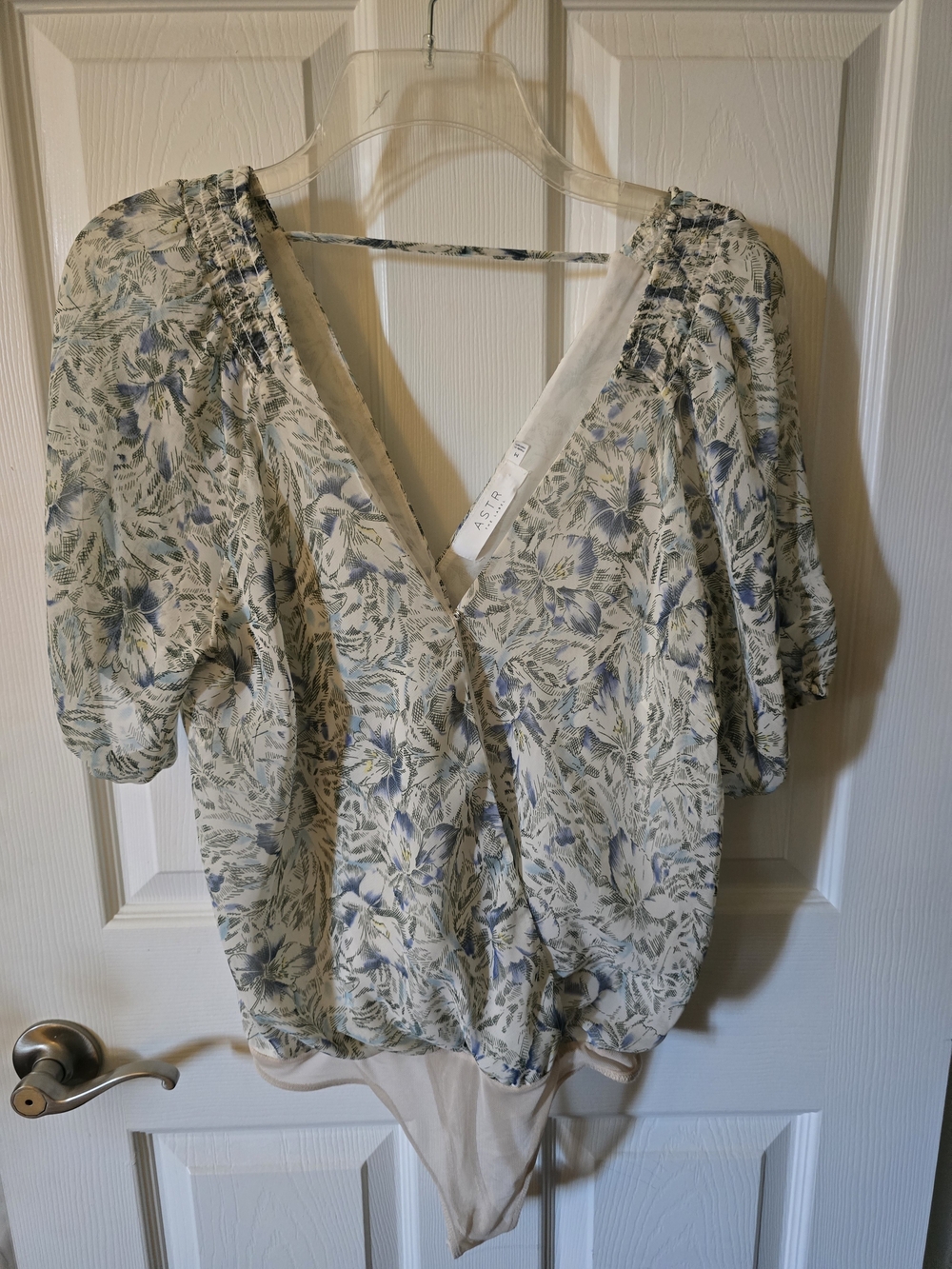 Floral V-Neck Puff Sleeve Bodysuit - Blue/Green